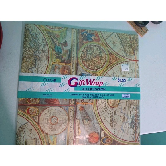 Other - Cleo Gift Wrap OLD WORLD MAP HISTORY NIP Vintage 2 Sheets CLEO Total 8.3 sq ft